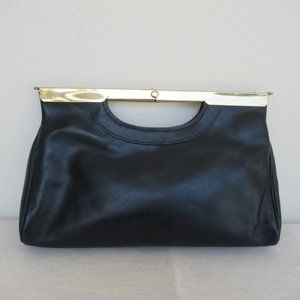 Letisse Vintage Genuine Leather Clutch Bag Purse Navy Blue and Gold Tone Hinged
